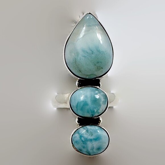 Handcrafted Larimar Sterling Silver Ring: Triple Stone Size 5.5 - Picture 3 of 5